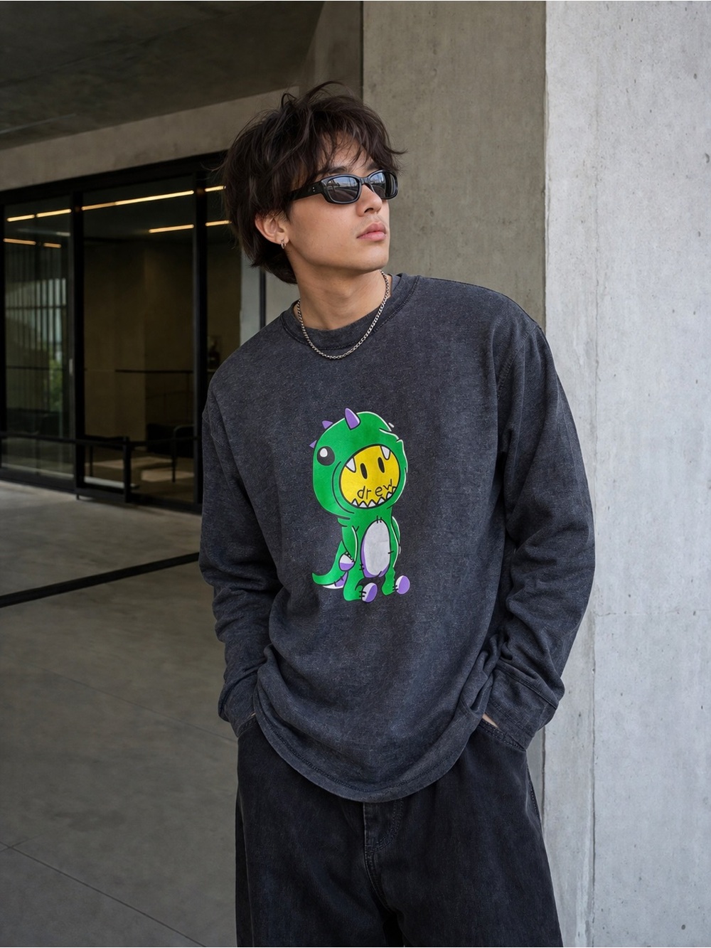 Drew House Dino Graphic Long Sleeve Tee Grey Streetwear Top Sz L